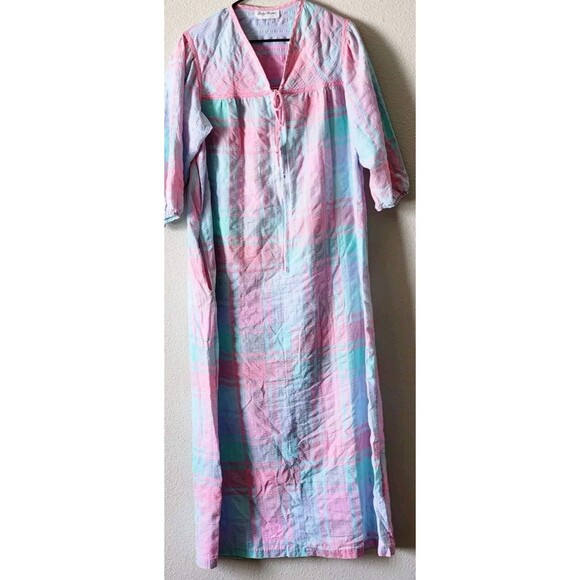 Vintage Lady Ronte Plaid Pink Green Blue Mumu House Dress Smock Women  Medium - Picture 3 of 8